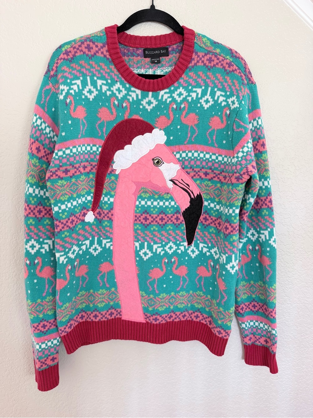 Blizzard Bay Santa Flamingo Ugly Christmas Sweater - Teal Fair Isle - Size M